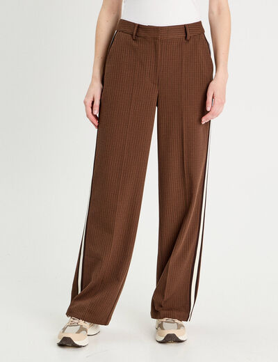 Pantalon large bandes c&ocirc;t&eacute;s marron fonc&eacute; femme