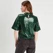 T-shirt sequins col montant vert fonc&eacute; femme
