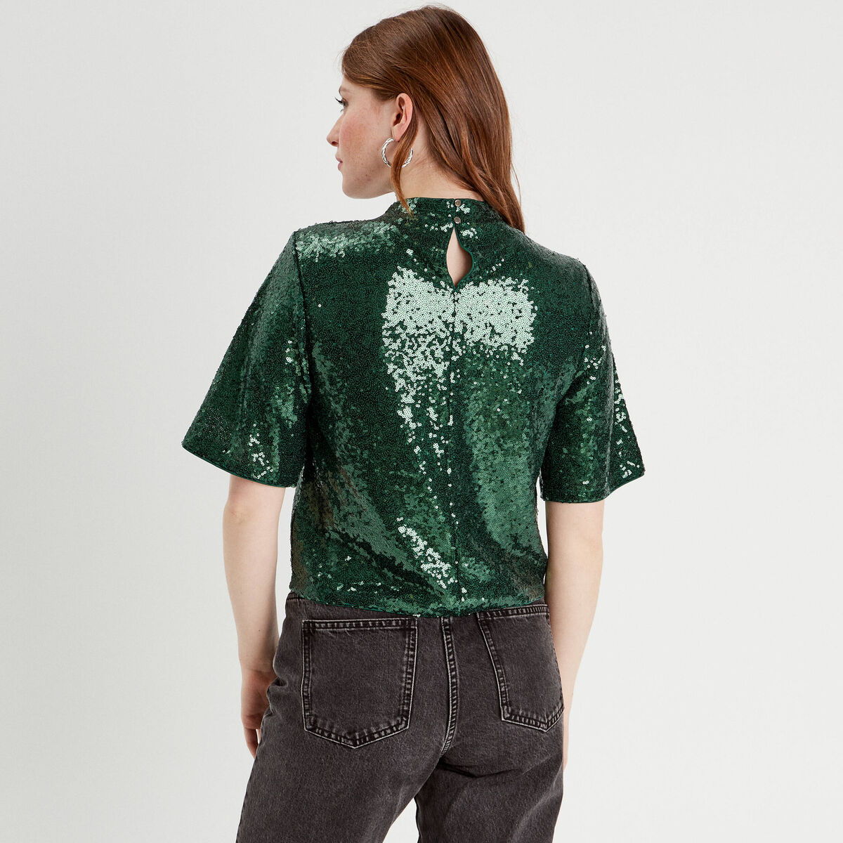 T-shirt sequins col montant vert fonc&eacute; femme