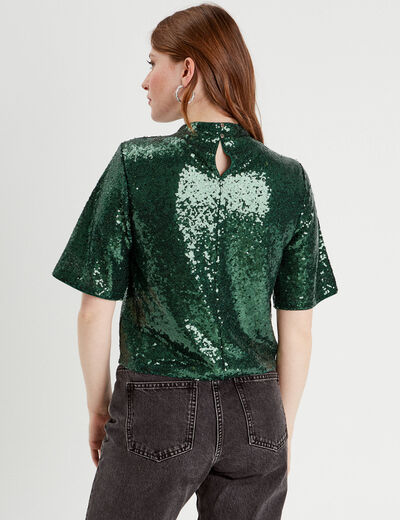 T-shirt sequins col montant vert foncé femme