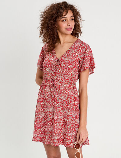 Robe évasée détails noeuds rouge foncé femme