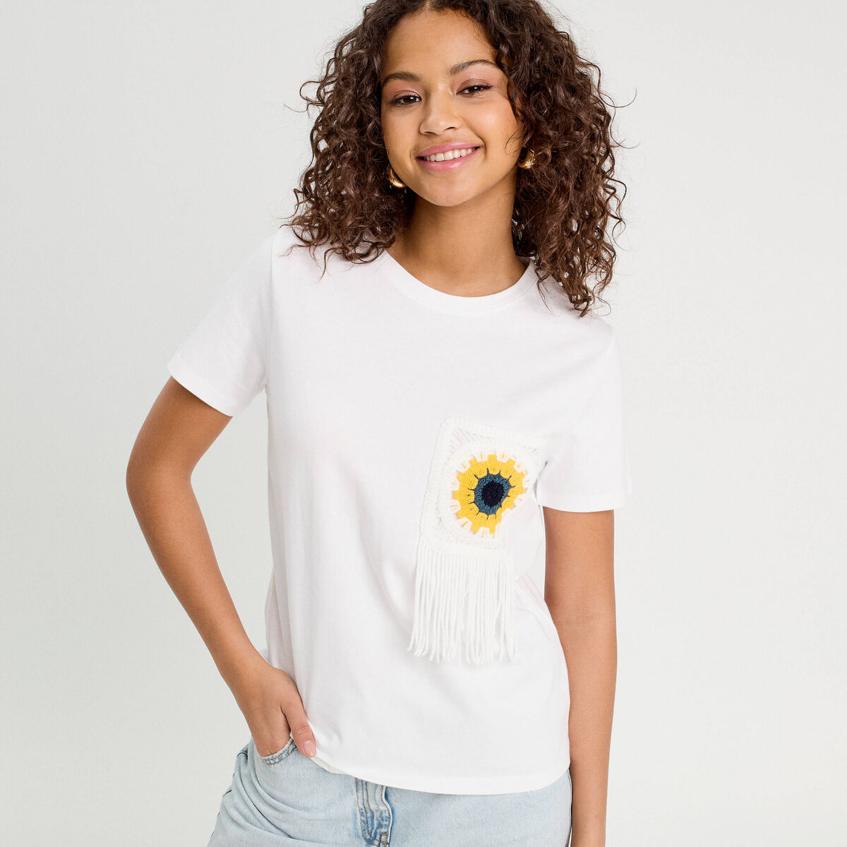 T-shirt poche crochet blanc femme