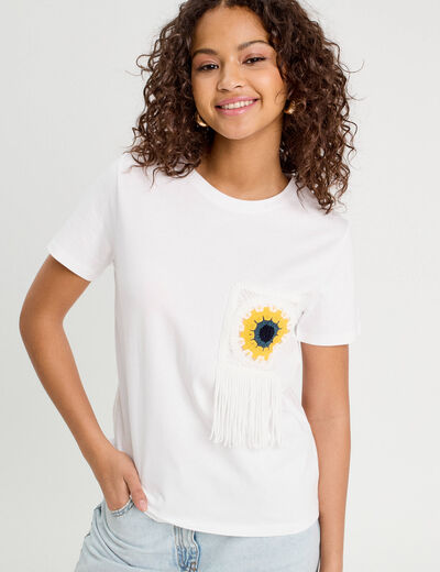 T-shirt poche crochet blanc femme