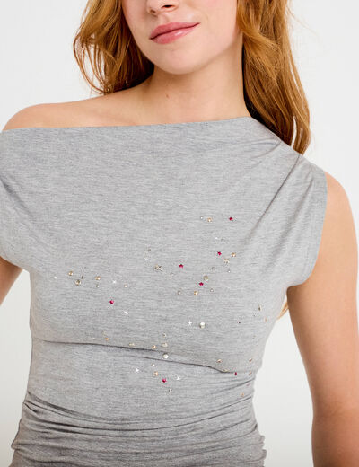 Top ajust&eacute; sans manches col bateau gris clair femme