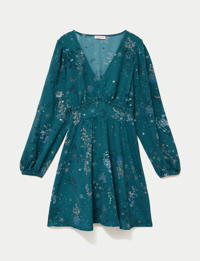 Robe courte &eacute;vas&eacute;e col v manches longues vert femme