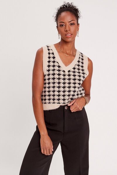 Pull sans manches col en V beige femme
