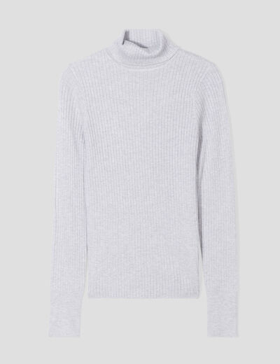 Pull col roulé côtelé gris clair femme