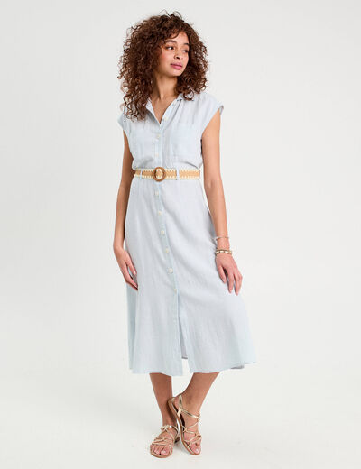 Robe chemise midi contenant du lin bleu femme