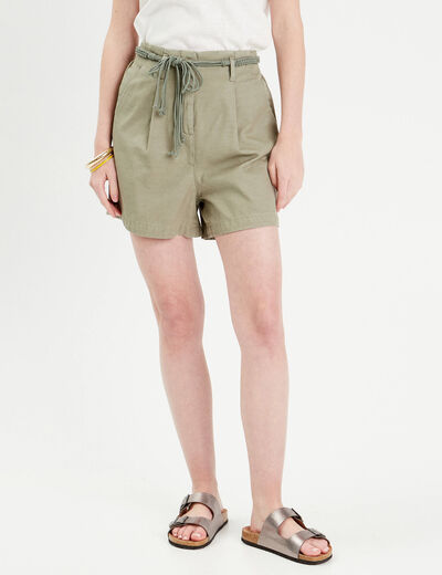 Short ample ceinture tressée vert kaki femme