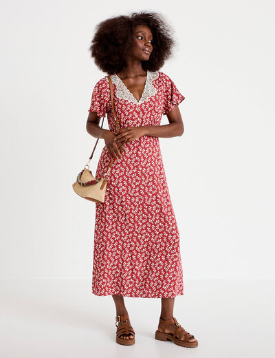 Robe longue &eacute;vas&eacute;e col v dentelle terracotta femme