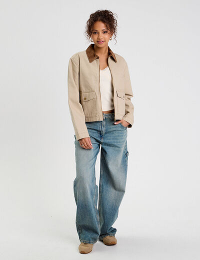 Veste zippée col effet velours beige fonce femme