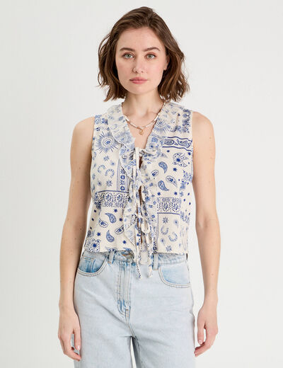 Blouse nouée sans manches blanc femme