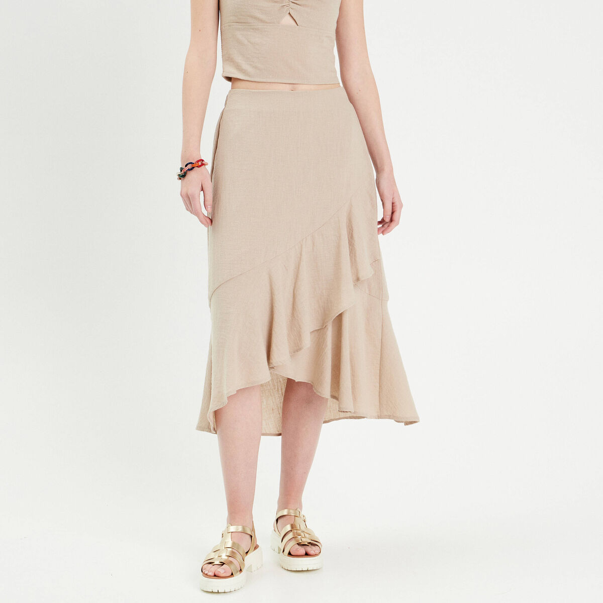 Jupe longue trapèze volants beige femme