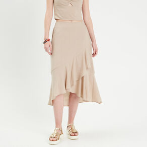 Jupe longue trapèze volants beige femme
