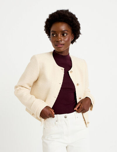 Veste tweed cintr&eacute;e col mao ecru femme