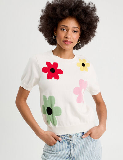 Pull manches courtes ecru femme
