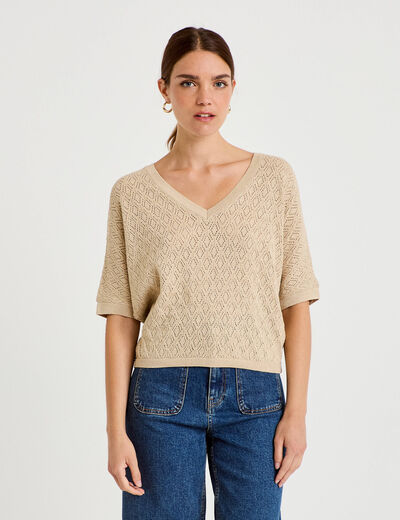 Pull ajour&eacute; col v manches courtes beige femme
