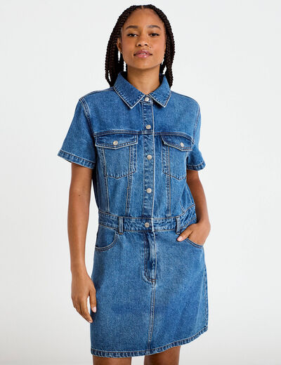 Robe droite courte en jean col chemise denim stone femme