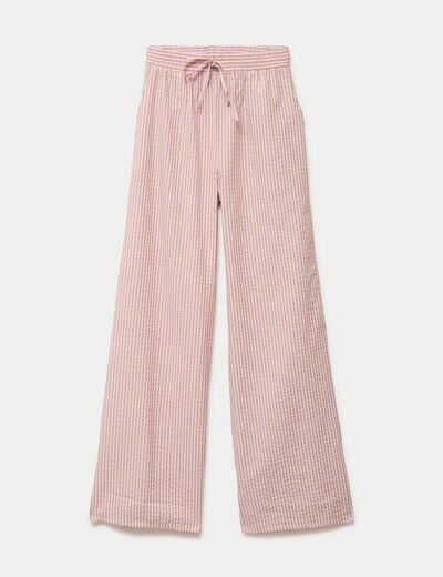 Pantalon large taille haute beige femme