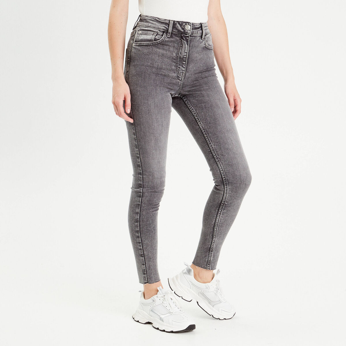 Jeans skinny taille haute denim gris femme