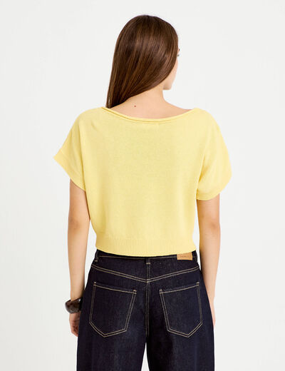 Pull ample cropped manches courtes jaune pastel femme
