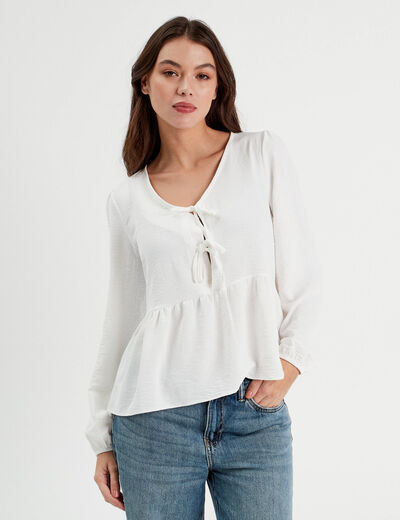 Blouse col en V noeuds ecru femme