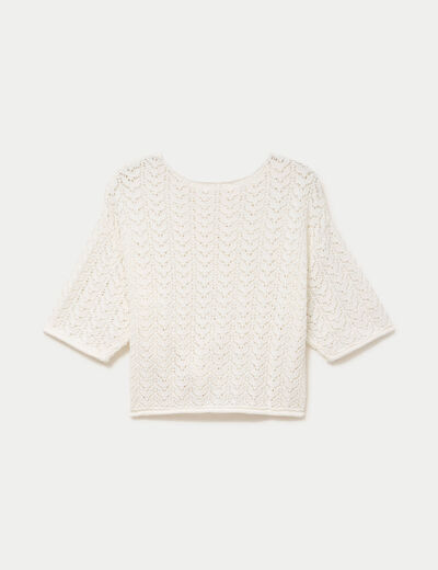 Pull ajour&eacute; aspect dentelle col rond ecru femme
