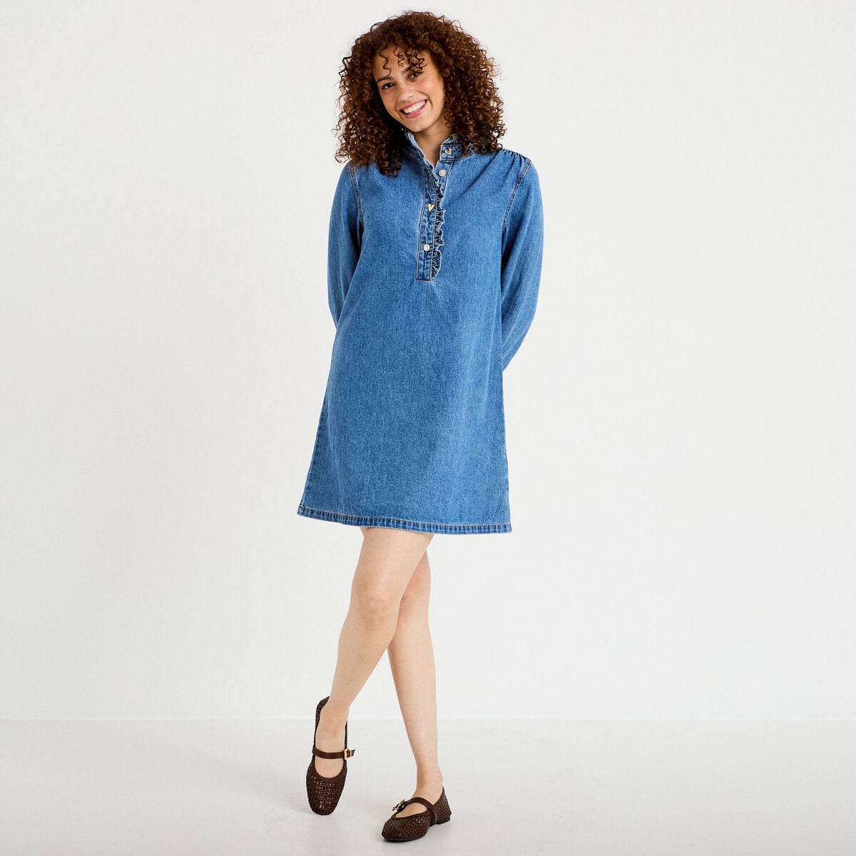 Robe &eacute;vas&eacute;e jean col montant denim double stone femme