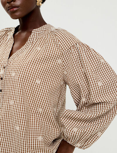 Blouse vichy brod&eacute;e blanc femme