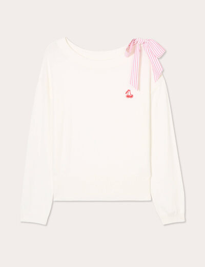 Pull avec noeud épaule ecru femme