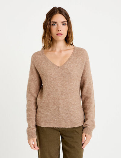 Pull avec col en V taupe femme