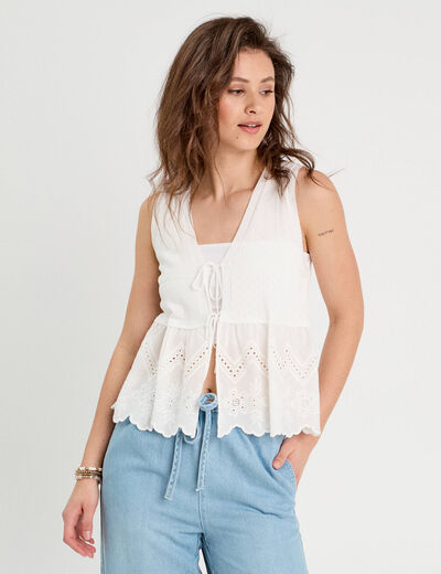 Gilet avec broderie anglaise blanc femme