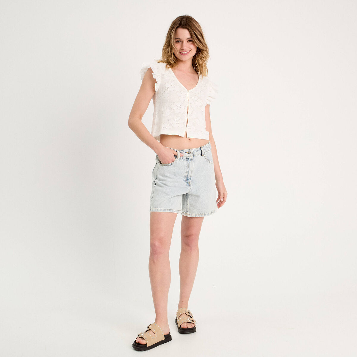 T-shirt manches volants ecru femme