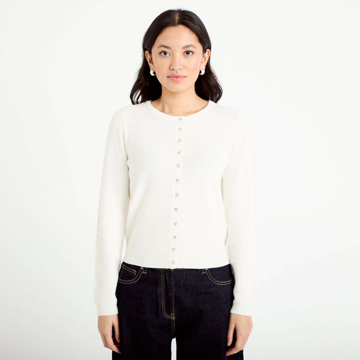 Gilet ajour&eacute; manches longues ecru femme