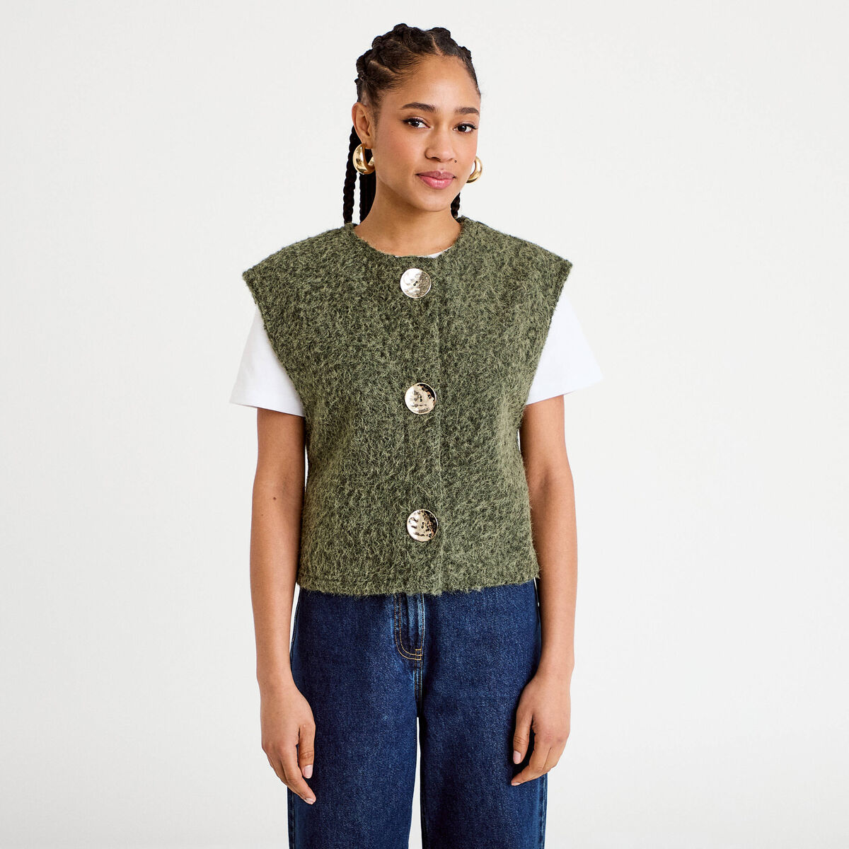 Gilet sans manches effet polaire vert kaki femme