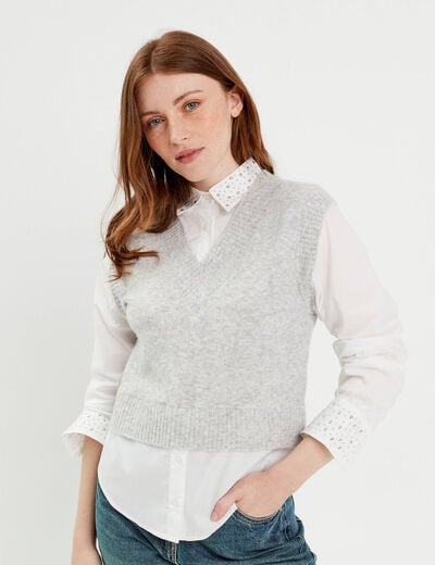 Pull manches longues 2-en-1 gris clair femme