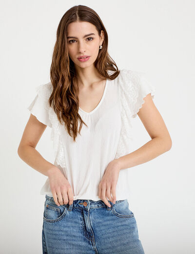 Blouse col v manches courtes dentelle ecru femme
