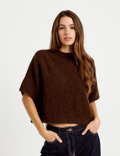 Pull manches courtes marron fonc&eacute; femme