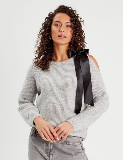 Pull avec noeud gris clair femme