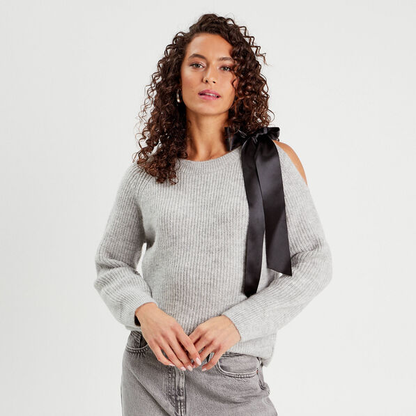 Pull avec noeud gris clair femme