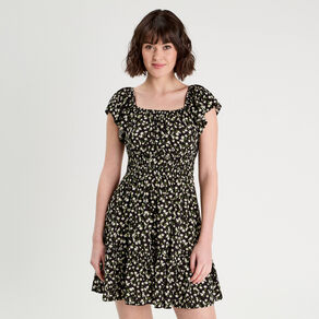 Robe évasée manches courtes noir femme