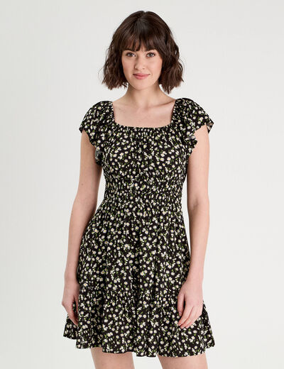 Robe évasée manches courtes noir femme
