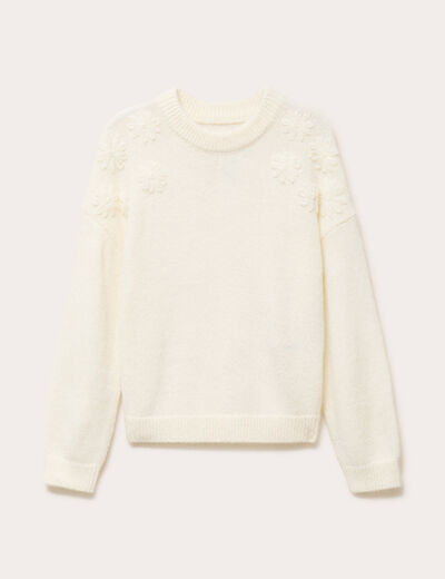 Pull brod&eacute; manches longues ecru femme