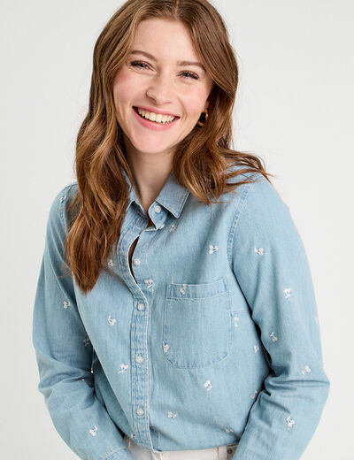 Chemise en jean brodée bleu femme