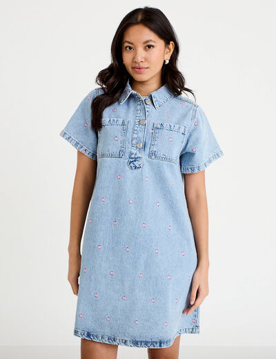 Robe en jean brod&eacute;e bleu fonc&eacute; femme