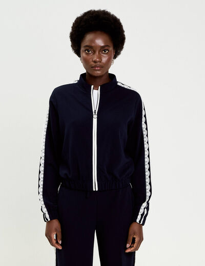 Veste zipp&eacute;e d&eacute;tail dentelle bleu marine femme