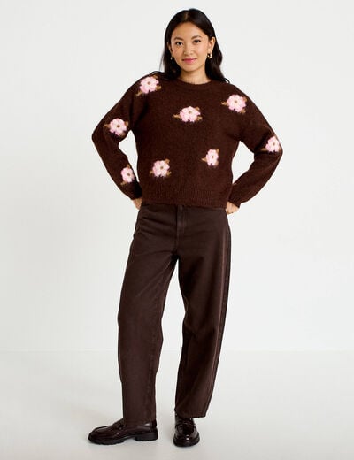 Pull ample col rond manches longues marron fonc&eacute; femme