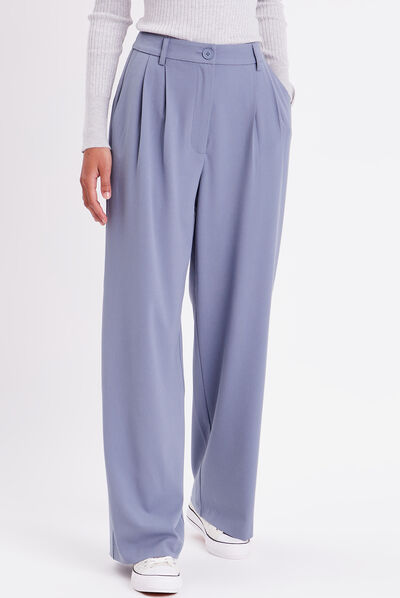 Pantalon city droit pinces bleu gris femme