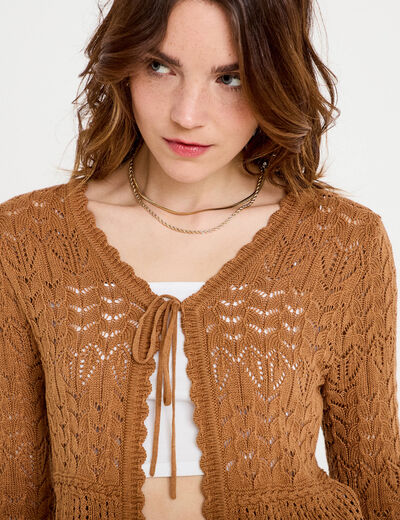 Gilet ajour&eacute; cintr&eacute; manches longues beige femme