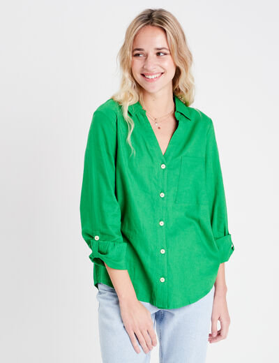 Chemise manches longues contenant du lin vert femme